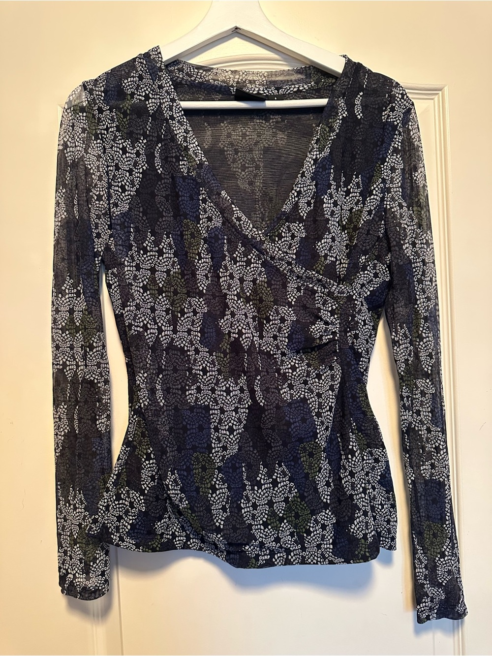 TRIBAL Navy Black Floral Wrap-Style Long Sleeve Top